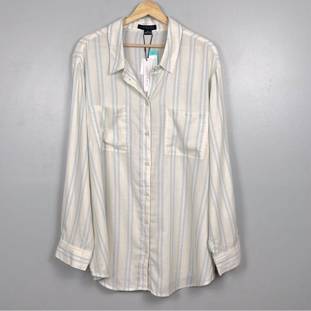 NWT Sanctuary ivory white & blue Holi Boyfriend button front shirt, 2X.